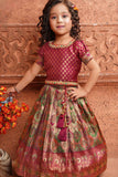 Wine Brocade Pattu Pavadai With Mirror Work And Thread Work For Girls