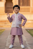 Mauve Kurta Pajama Set with Heavily Embroidered Nehru Jacket For Boys