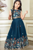 Peacock Blue Floral Embroidered Ethnic Lehenga Choli for Girls