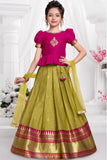 Olive Green And Rani Pink Traditional Pattu Pavadai Set with Dupatta for Girls