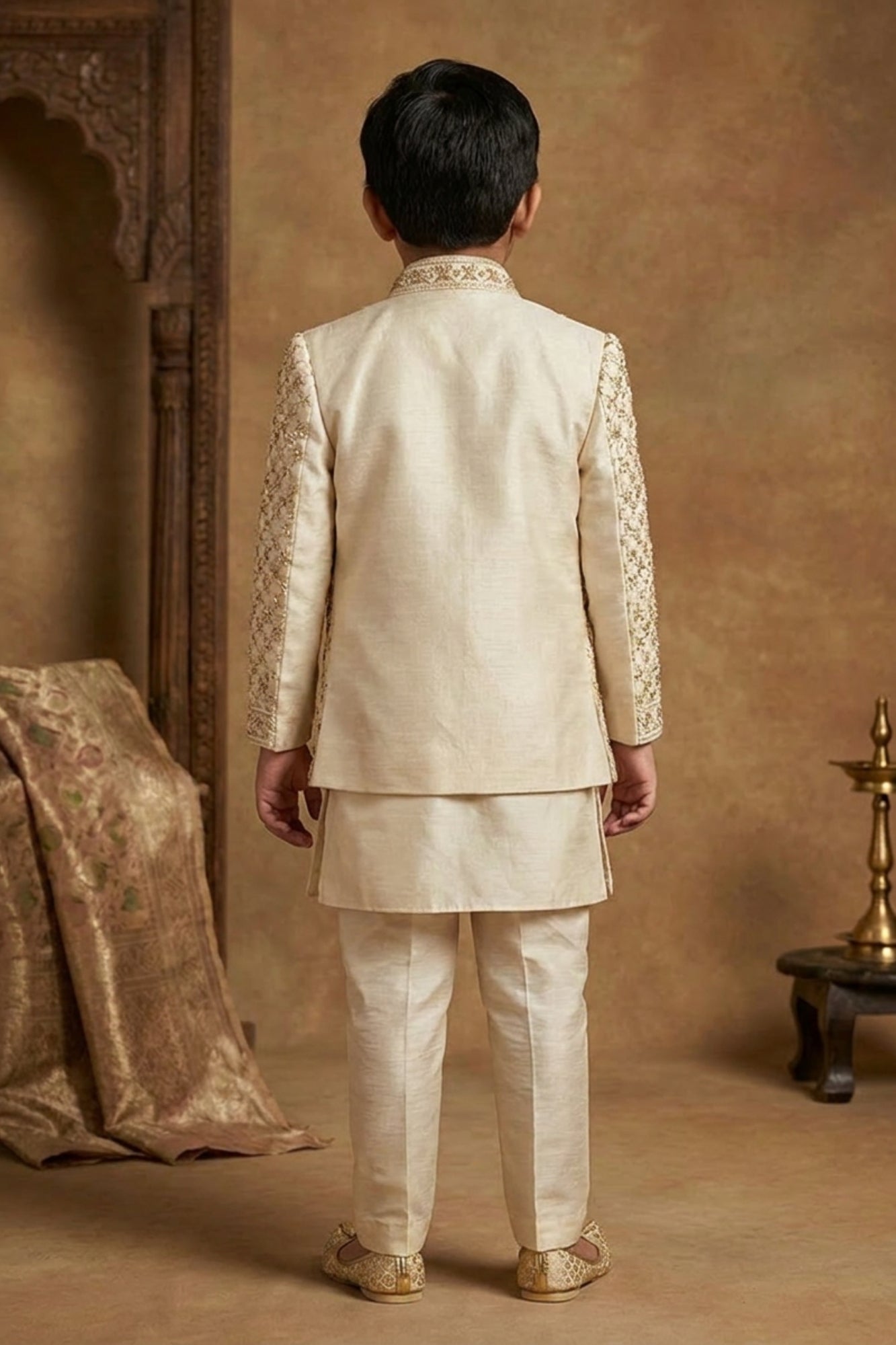 Ivory Heavy Embroidered Indo Western Sherwani Set For Boys