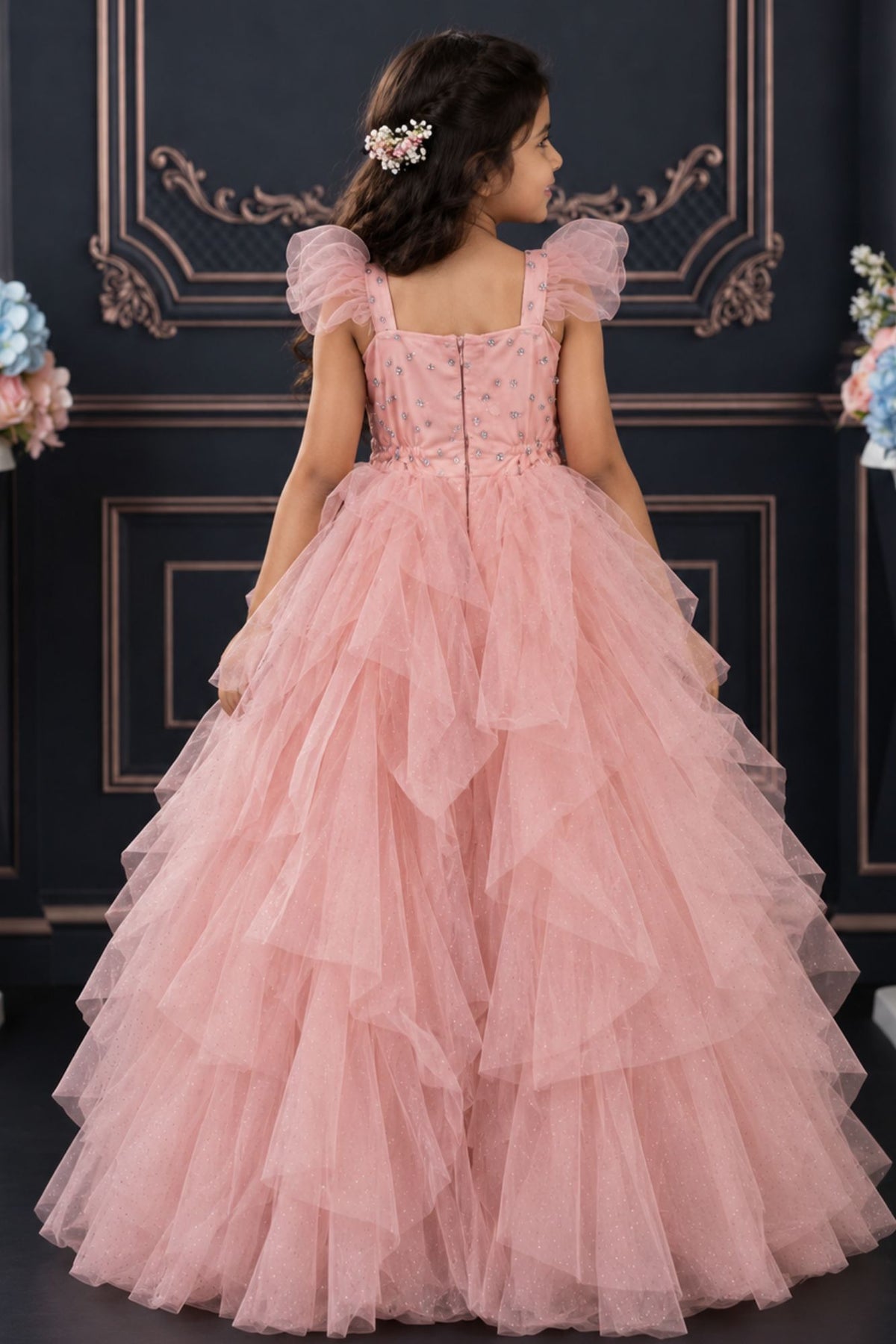 Girls Blush Pink Floral Embellished Layered Party Wear Gown
