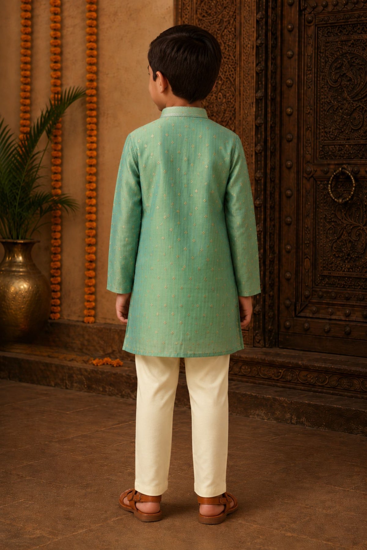 Boys Ethnic Mint Green Crushed Tissue Embriodered Kurta Pajama Set