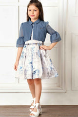 Blue Floral Printed Frock With Overcoat For Girls