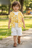 Boys Yellow Tropical Printed Shirt with T-Shirt & White Shorts Co-Ord Set