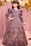 Purple Floral Embroidered Gown with Puff Sleeves For Girls