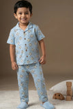 Powder Blue Football Print Cotton Night Suit Set For Boys
