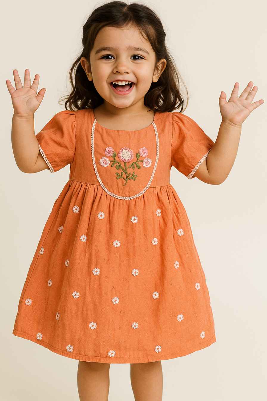 Orange Cotton Embroidered Dress for Girls