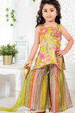 Yellow Floral Kurti and Striped Sharara Set With Dupatta For Girls