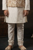Ivory Gold Embroidered Jacket Kurta Set With Jacket For Boys