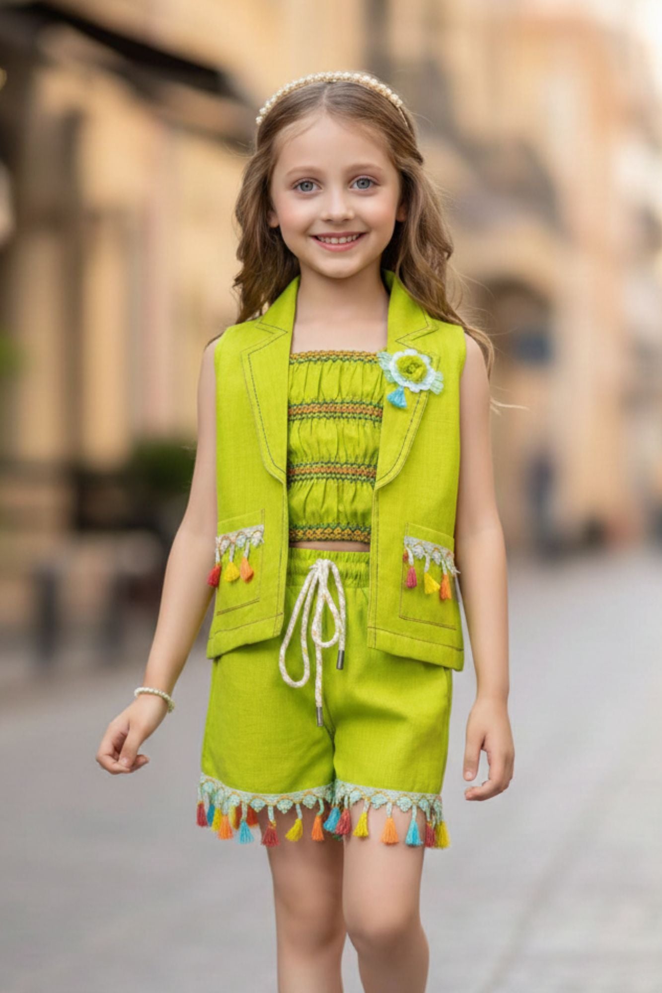 طقم معطف خردلي مع بلوزة وشورت عمل مزين بالشراشيب للبنات