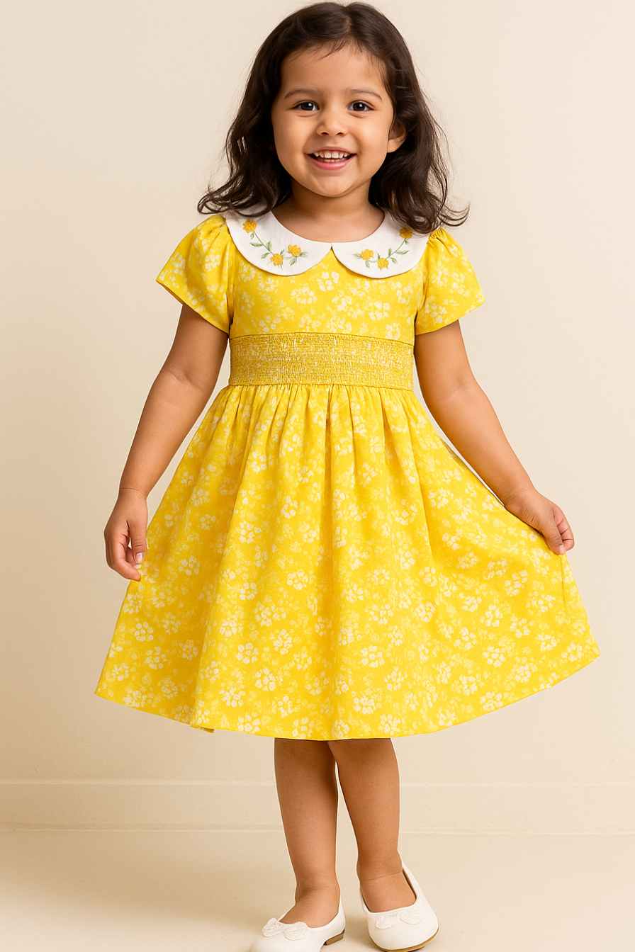 Yellow Floral Cotton Dress for Girls
