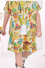 Yellow Printed Shirt And Short With White T-shirt Set For Boys