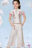 Cream Floral Embroidered Top And Pant Co Ord Set For Girls