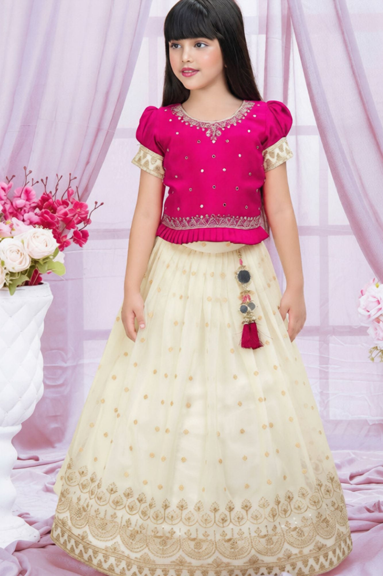 Magenta Embroidered Silk Pattu Pavadai with Puff Sleeves For Girls
