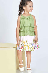 Green Floral Print Skirt Set with Tiered Green Top Set For Girls