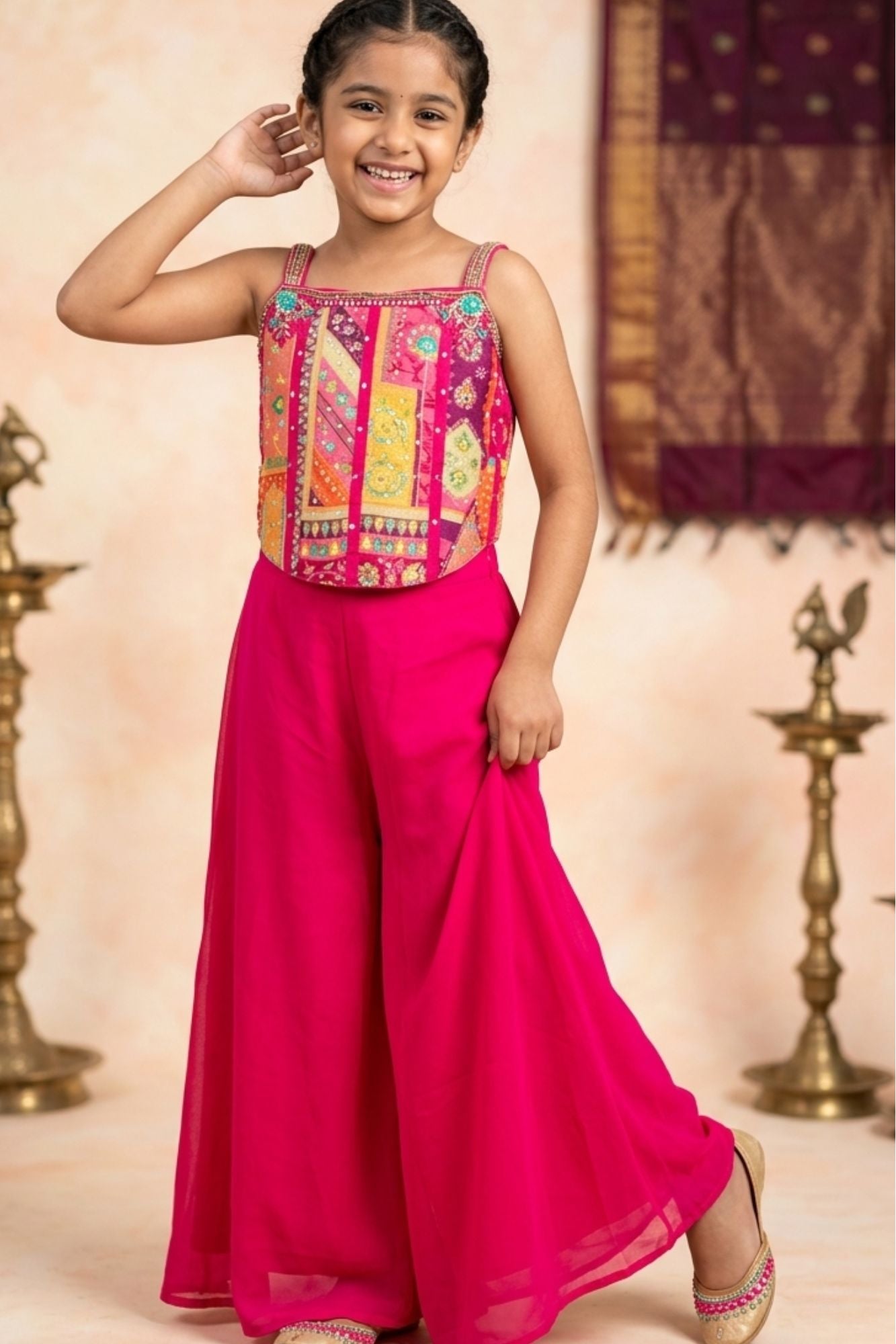 Rani Pink Embroidered Palazzo Set For Girls