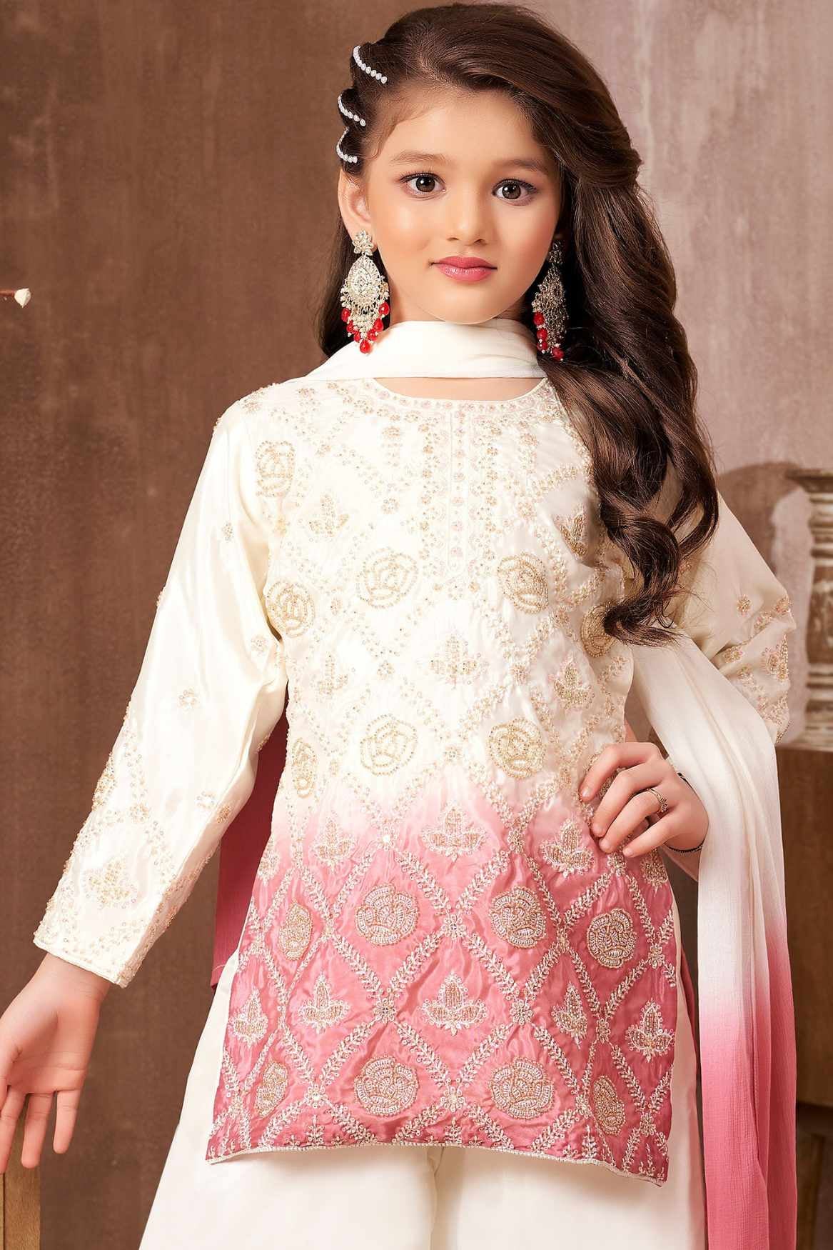 Ivory And Pink Ombre Embroidered Kurti Palazzo Set with Dupatta for Girls