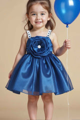 Peacock Blue Floral Embellished And Pearl Work Frock For Girls