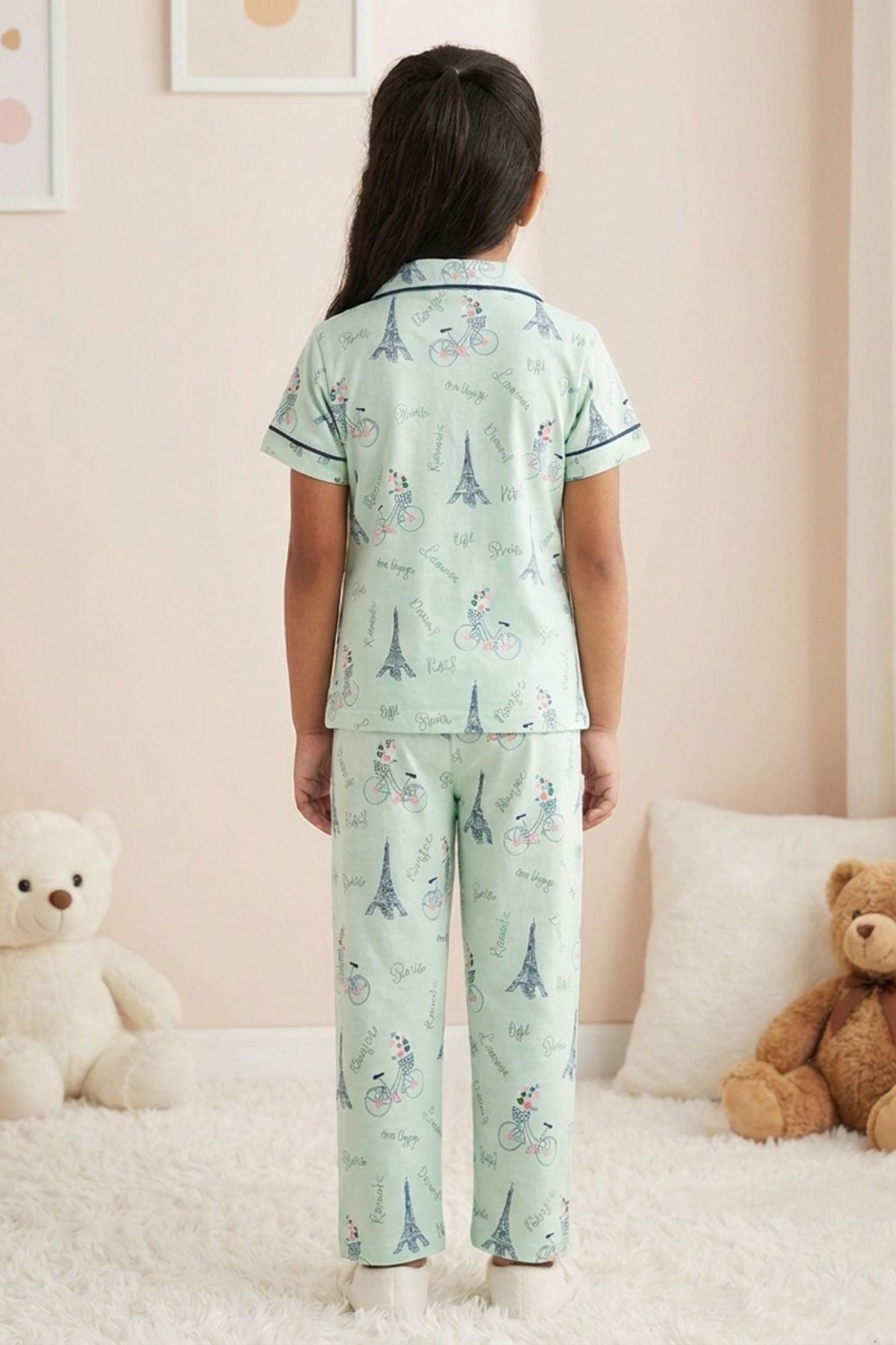 Girls Mint Green Paris Print  Night Suit Set