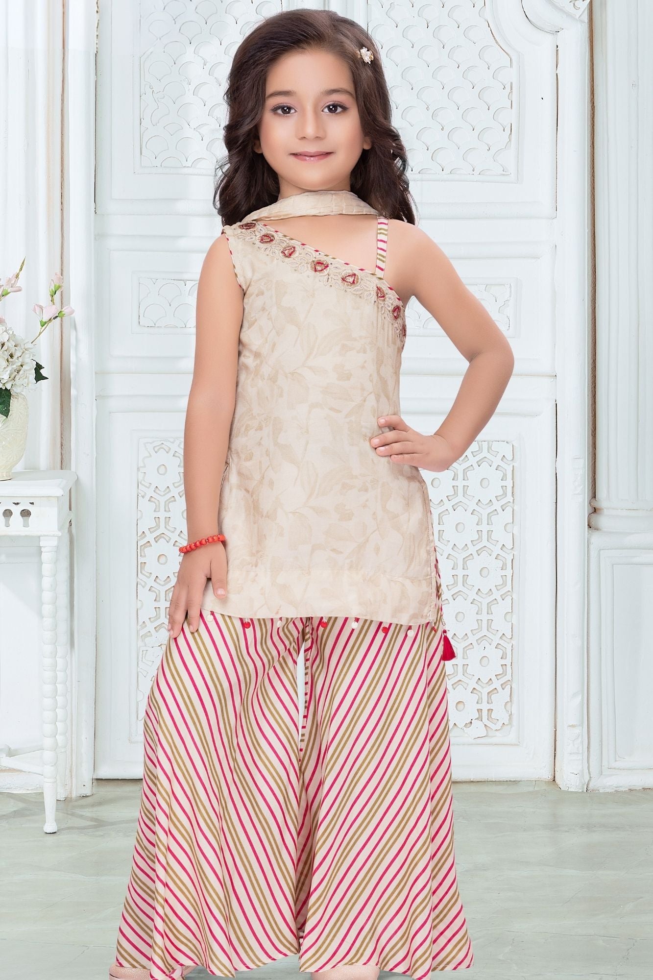 Girls Cream Embroidered Palazzo Set With Leheriya Print And Dupatta
