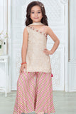 Girls Cream Embroidered Palazzo Set With Leheriya Print And Dupatta