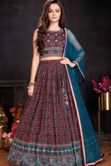 Wine Lehenga Choli Set With Printed And Sequin Work For Girls