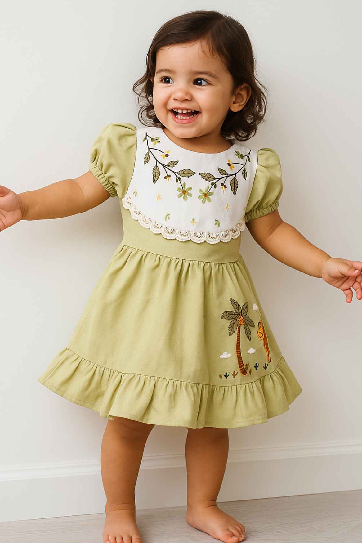 Olive Green Embroidered Cotton Frock With Puff Sleeves For Girls