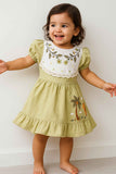 Olive Green Embroidered Cotton Frock With Puff Sleeves For Girls