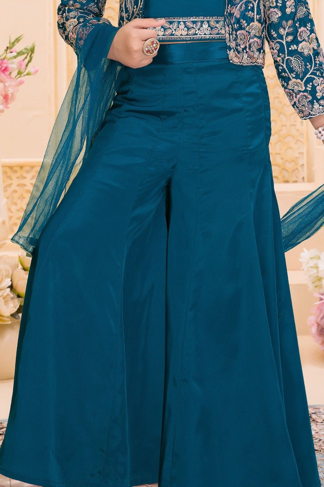 Teal Blue Embroidered 3-Piece Palazzo Set for Girls