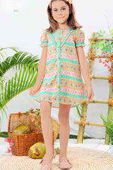 Pista Green Printed Dress With Lace On Yoke A Line For Girls