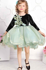 Pista Green Ballon Frock With Floral Embellished For Girls