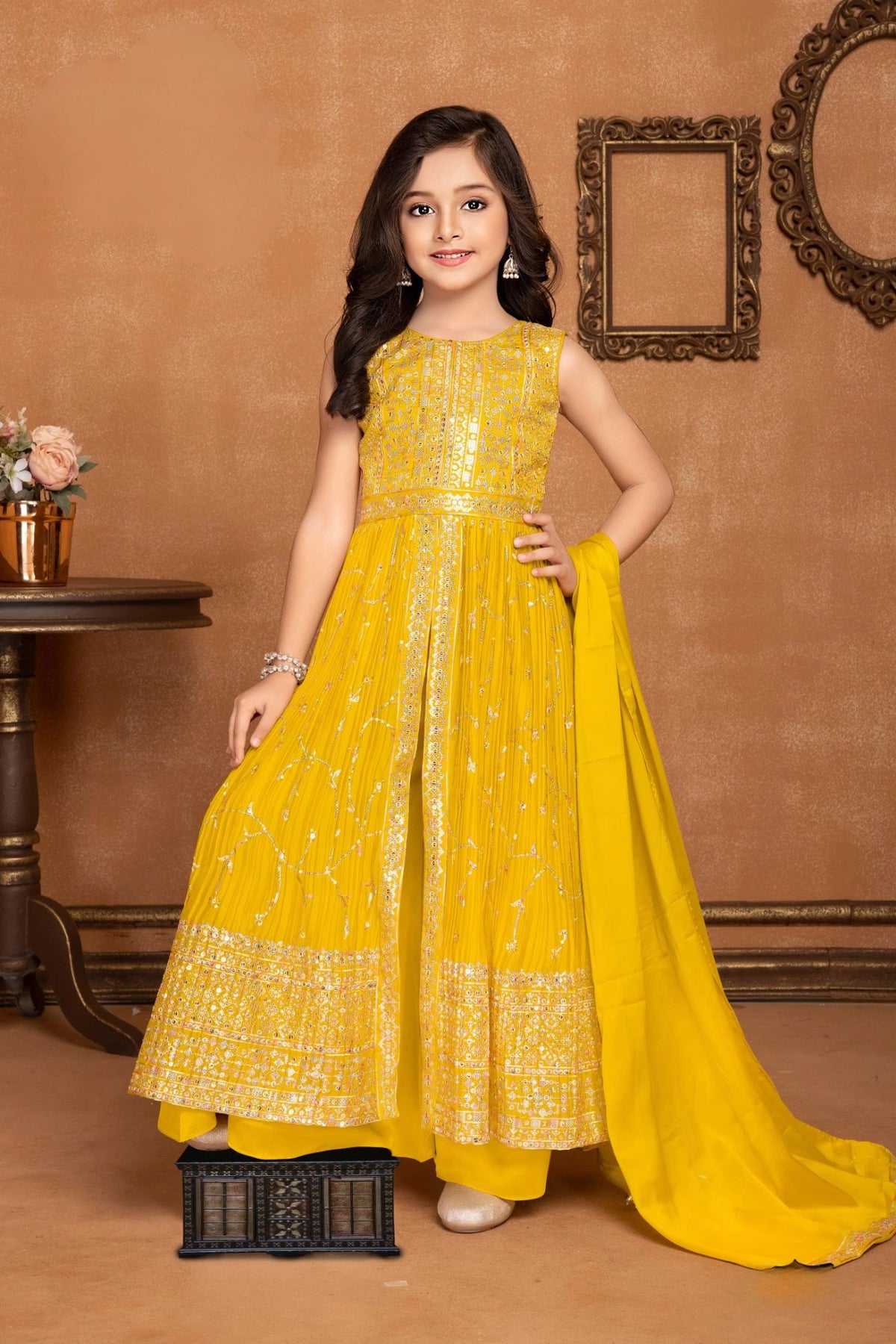 Mustard Yellow Sequins Worked Palazzo Set For Girls