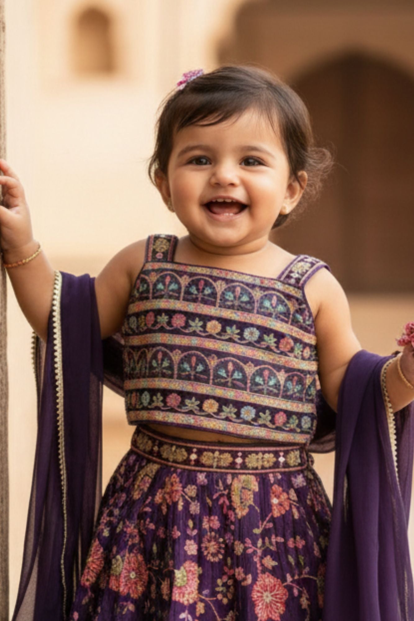 Purple With Multicolor Printed Ethnic Lehenga Choli For Girls