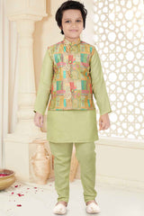 Pista Green Kurta With Printed And Sequin Embroidery Bandi For Boys