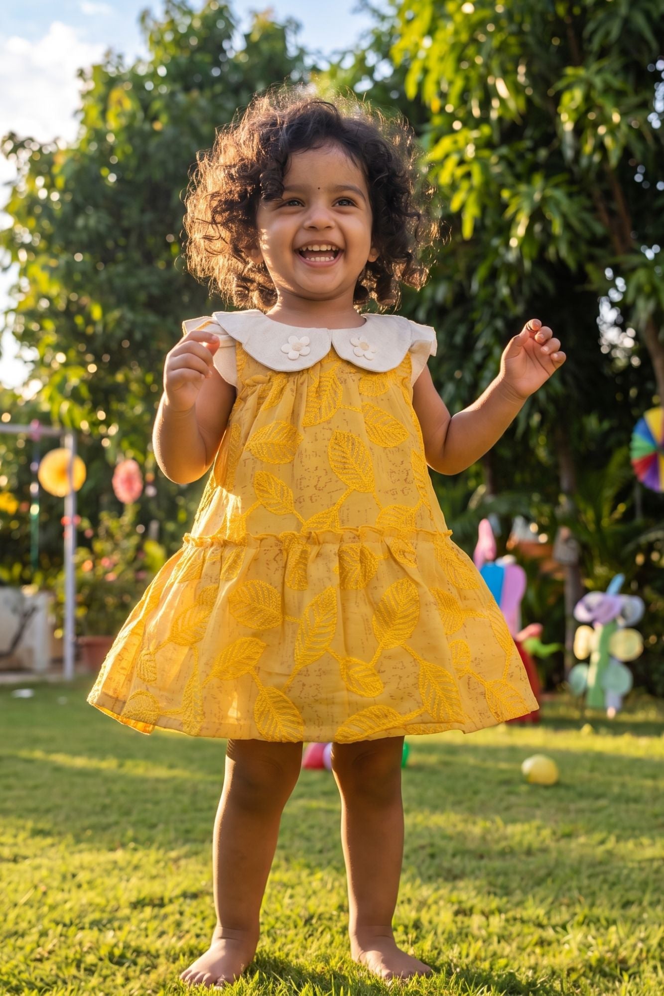 Adorable Girls Mustard Leaf Print Dress with Contrast Peter Pan Collar