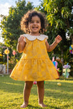 Adorable Girls Mustard Leaf Print Dress with Contrast Peter Pan Collar