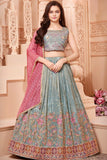 Sea Green Lehenga Choli Set with Mirror And Floral Embroidery For Girls