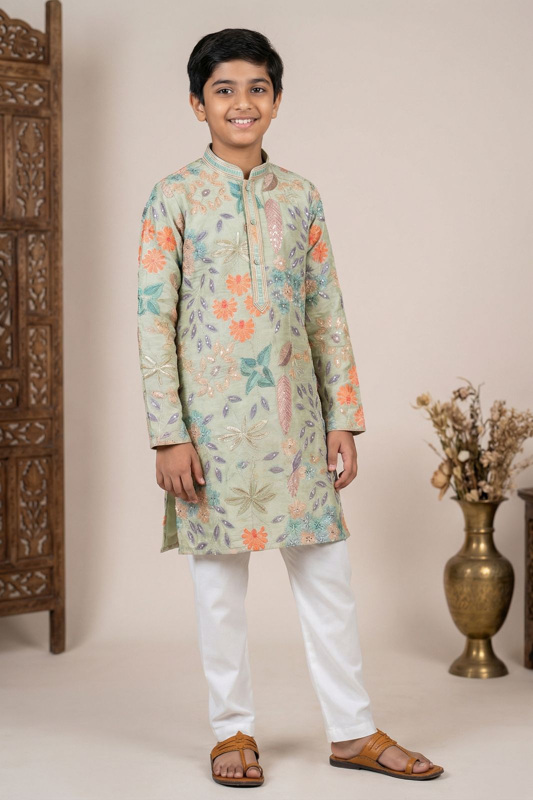 Boys Green Floral Embroidered Kurta Set with Cream Pyjama