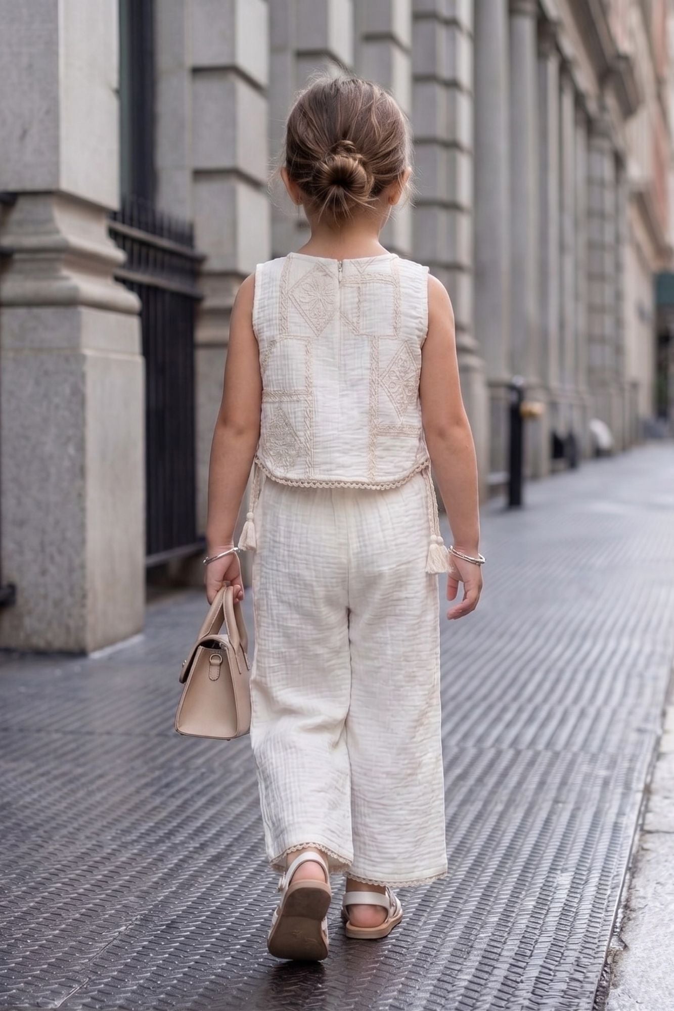 Girls Off-White Embroidered Top with Wide-Leg Pants Set