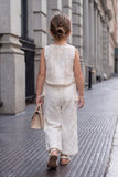 Girls Off-White Embroidered Top with Wide-Leg Pants Set