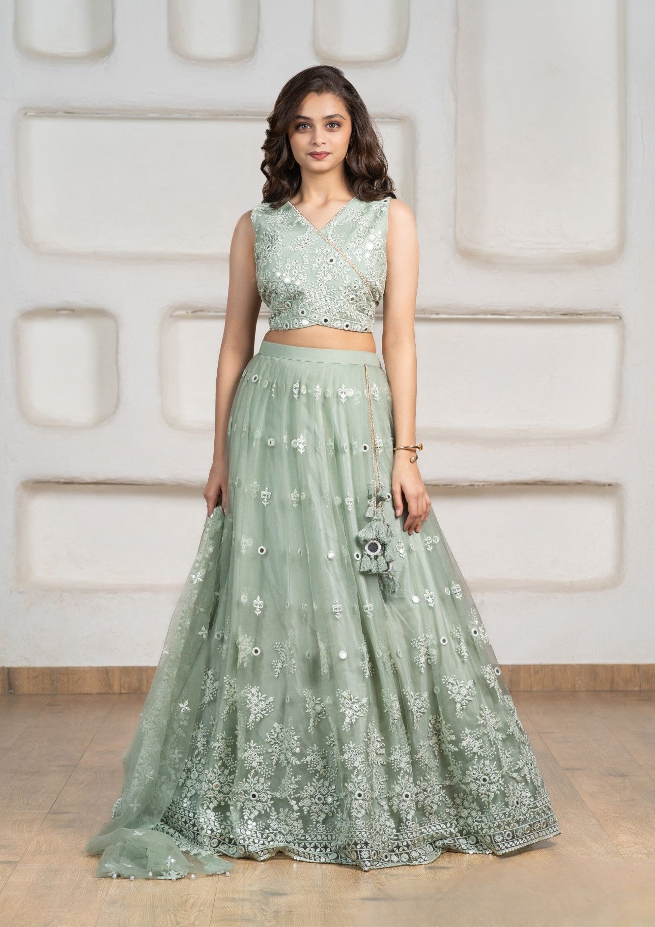Sea Green Embroidered Lehenga Choli Set with Dupatta For Girls