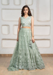 Sea Green Embroidered Lehenga Choli Set with Dupatta For Girls