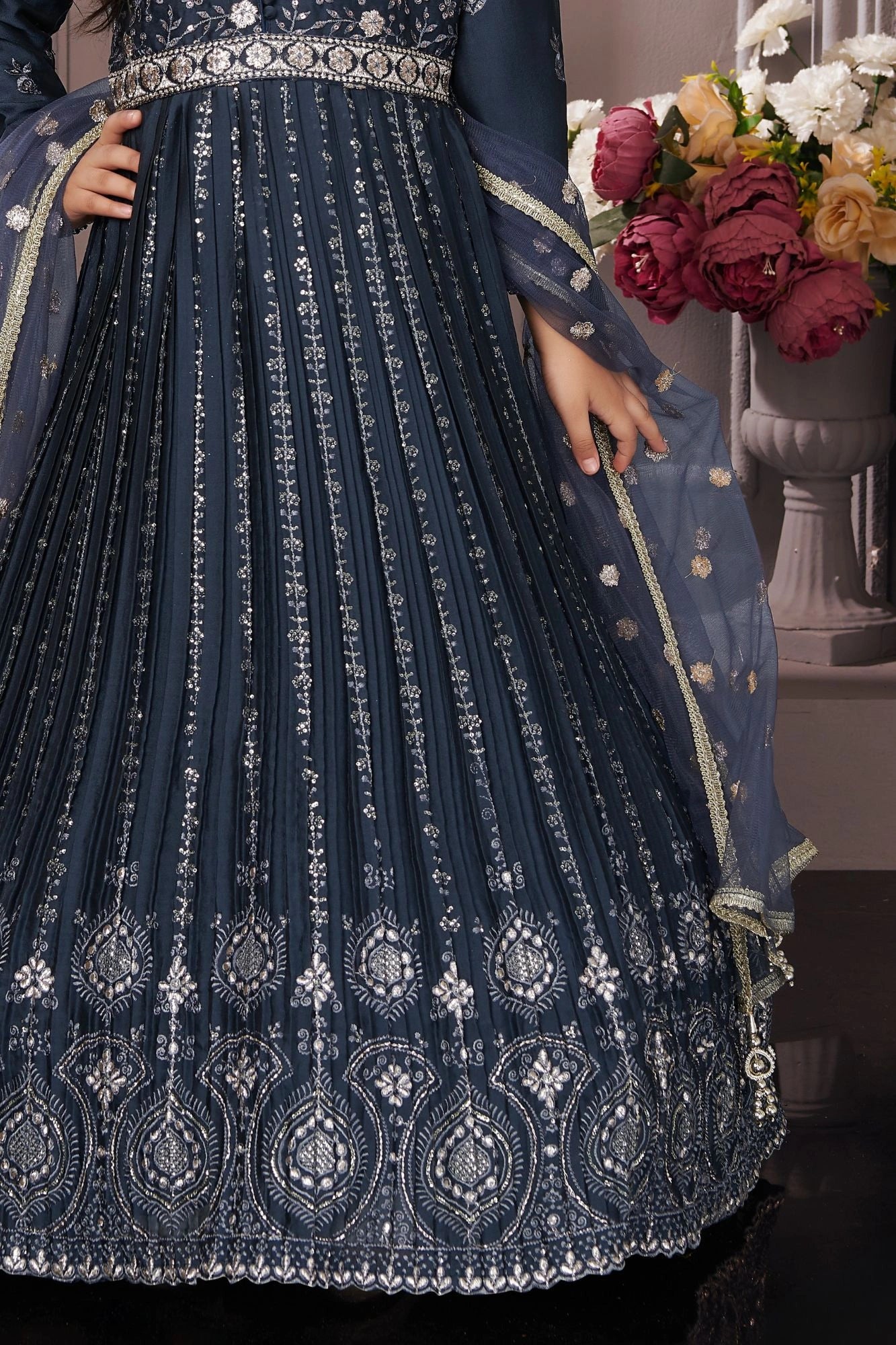 Grey Embroidered Long Ethnic Gown with Dupatta For Girls