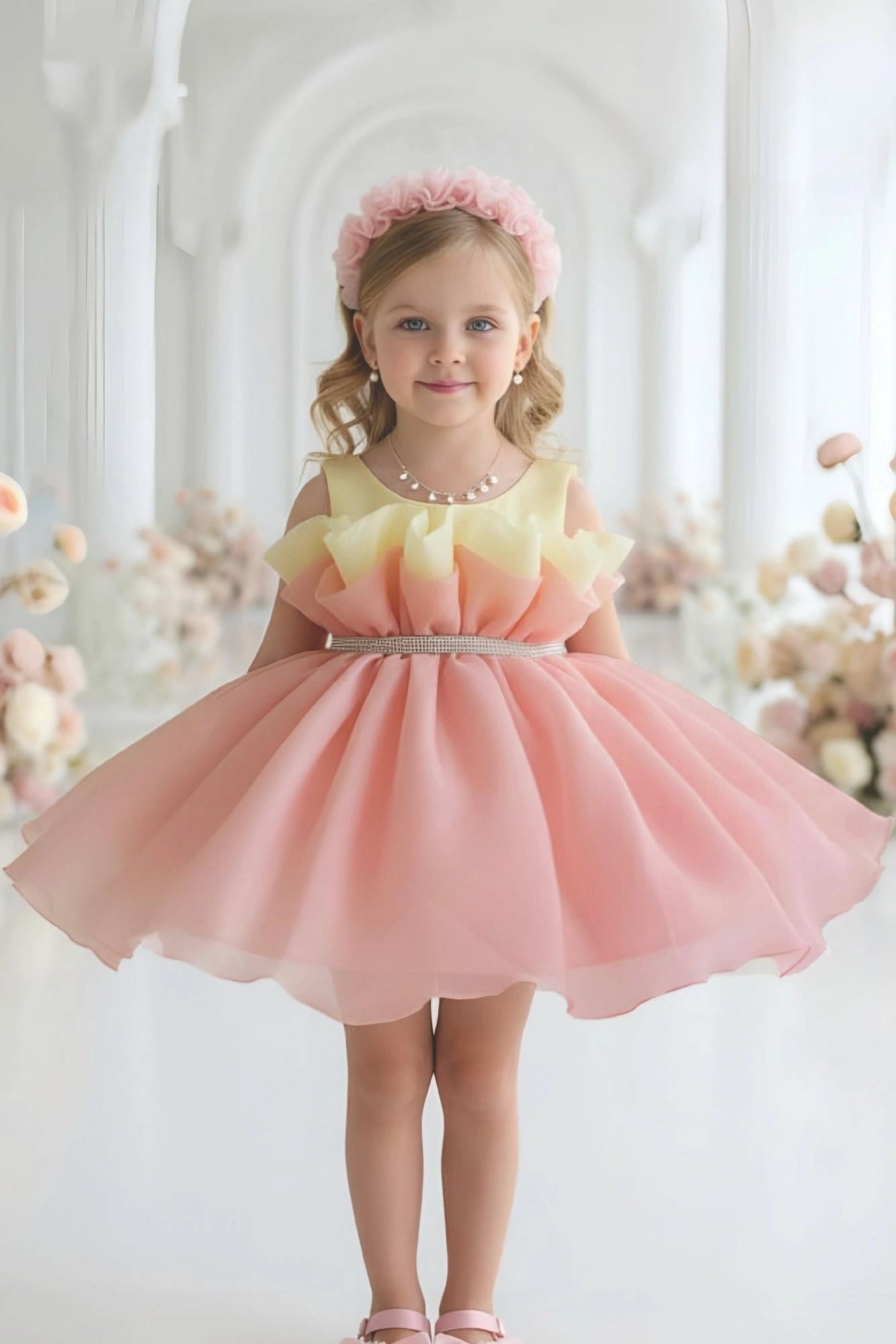 Peach And Yellow Layered Party Frock With Tailback For Girls