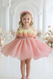 Peach And Yellow Layered Party Frock With Tailback For Girls