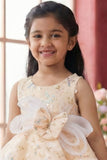 Girls Cream Layered Party Wear Gown with Floral Embroidery And Statement Bow