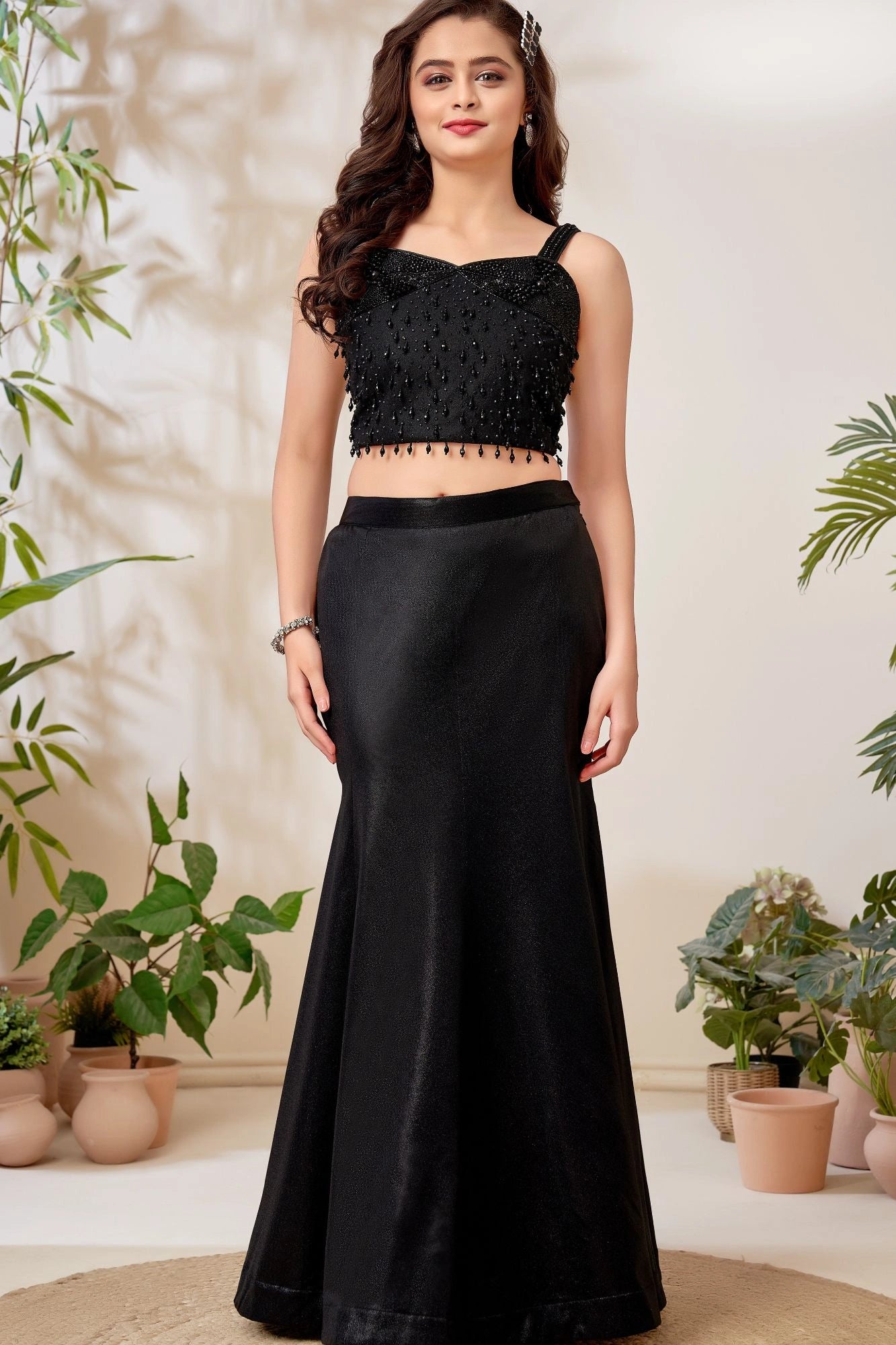 Black Beaded Crop Top & Flared Skirt Lehenga Set for Girls