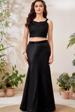 Black Beaded Crop Top & Flared Skirt Lehenga Set for Girls