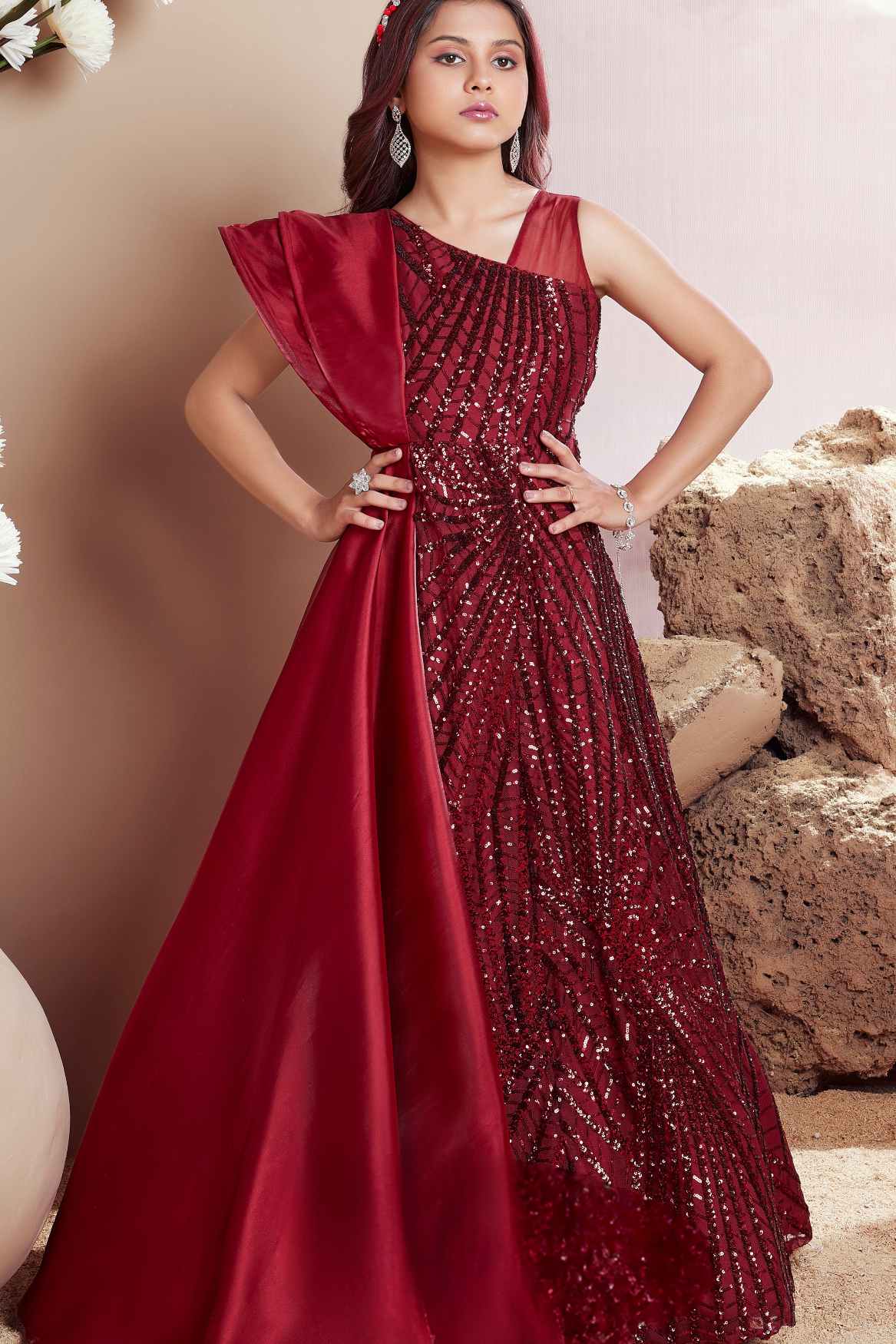 Designer Red Sequined Partywear Gown For Girls